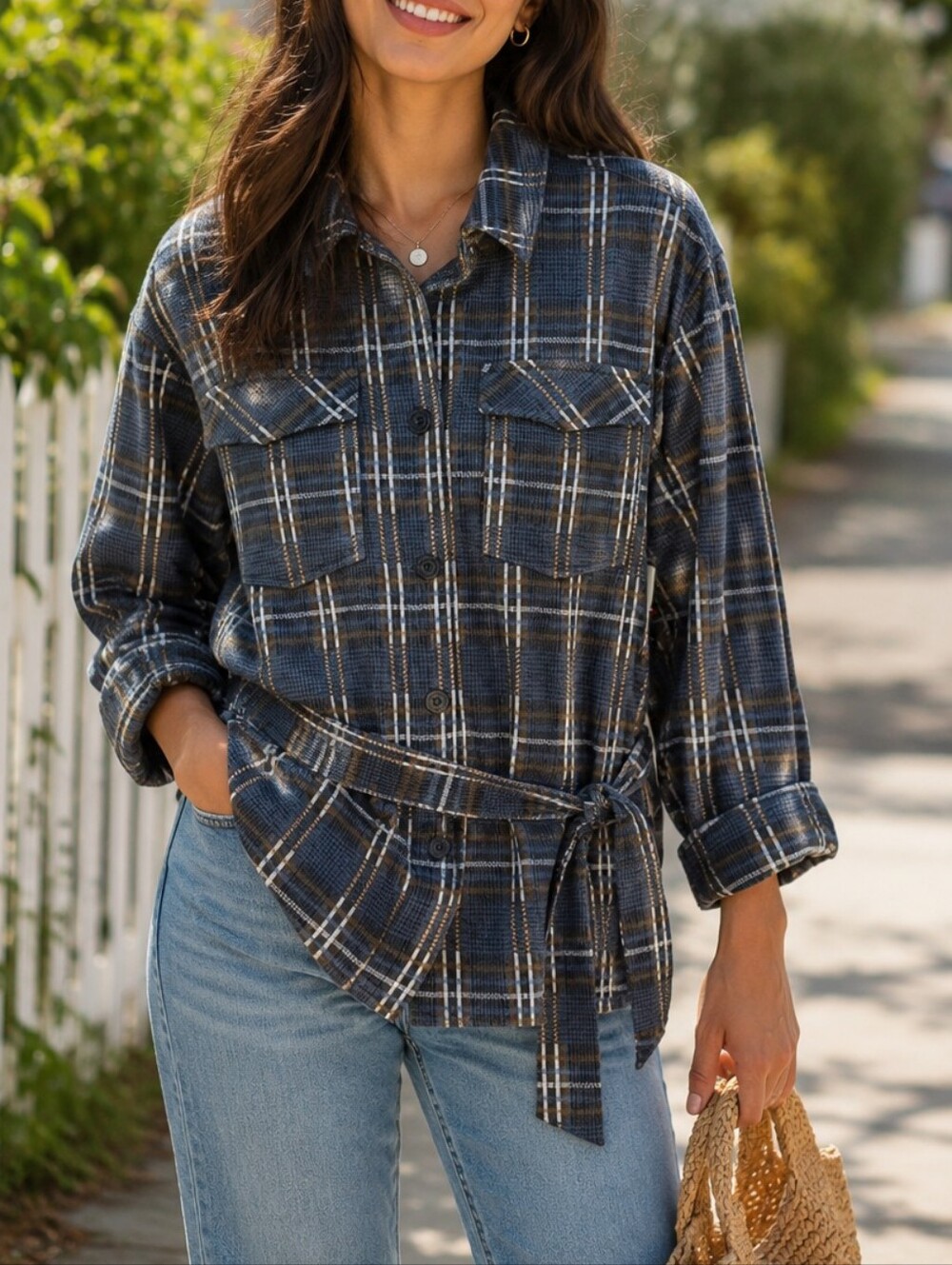 NWT Liverpool Los Angeles Oversized Plaid Belted Shirt Jacket Shacket Blue